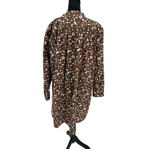 Lands End Tunic Top Shirt 2X Oversized Brown Floral Button Up Long Sleeve Cotton - Picture 6 of 7